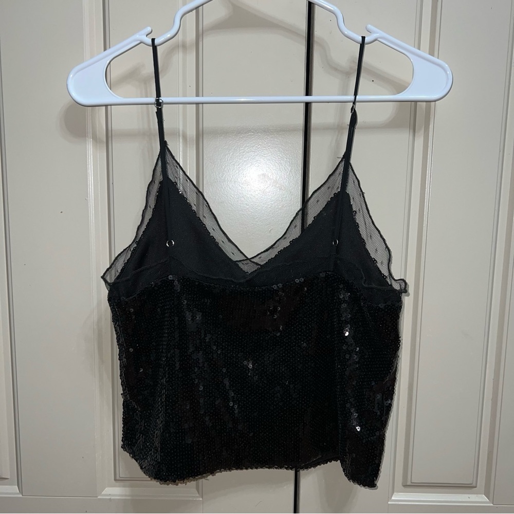 Forever 21 Black Sequin and Tulle V-Neck Spaghetti Strap Crop Top Camisole Sz S - Picture 5 of 11